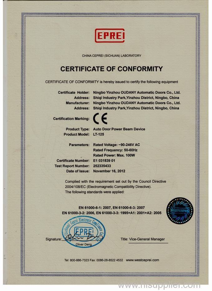 CE certificate of auto door power beam device LT-125