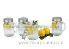 Embossed 16oz glass mason jar mugs with handles , metal lids