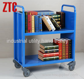 Steel library book cart with 2 flat shelves