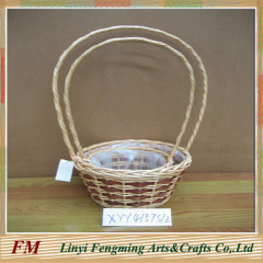 Home use wicker storage basket with wooden handle and logo liner