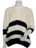 Ladies v neck pullover sweater with Furry yarns , black sequin stitch