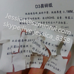 D3 Self adhesive Custom Eco-friendly Ultra Destructive Vinyl Label Materials Tamper Proof Label Papers