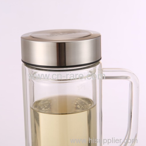Double layer hand hold Waterproof heat resistant glass cup with printde logo