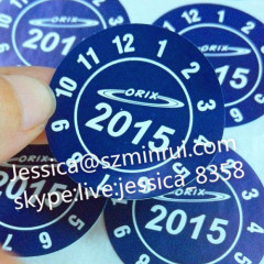 Self Adhesive Customized Vinyl Sticker Blue Round Calibration Labels with Date and Special Logo