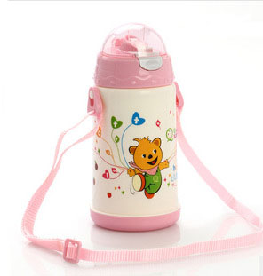 360ML Pink Blue Automatic StrawBaby Feeding Bottle Witn Belt Stainless steel Infant Milk mug