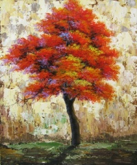 100%Handmade Red Leaves Tree Oil Painting
