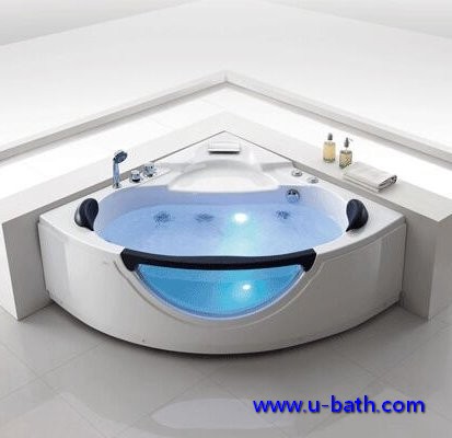 Corner massage whirlpool acrylic bathtub for 2 persons with LED light
