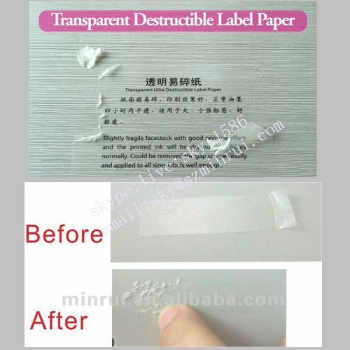 Unique Hot Sale Clear Destructive Vinyl Paper Roll Transparent Destructibel Lable Papers from Minrui