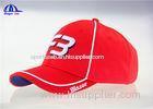 100% Polymesh 6 Panel Red Custom Baseball Caps With White Piping and 3D Embroidery