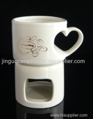 Ceramic stoneware heart shape handle chocolate fondue set
