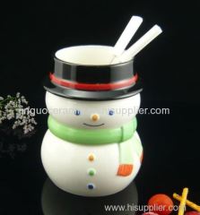 Ceramic dolomite snowman fondue with fork