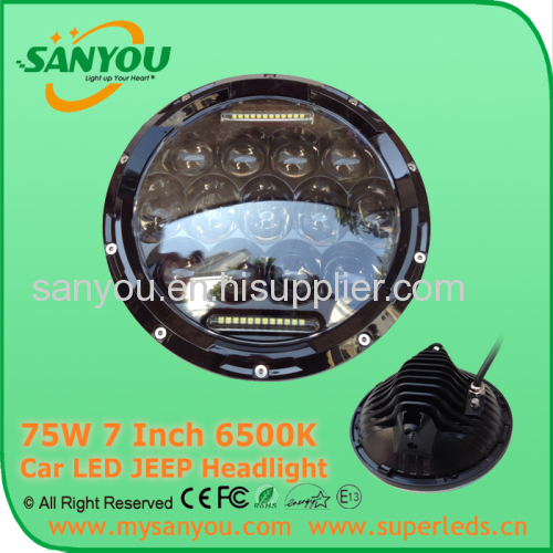 Sanyou 75W round LED headlight H/L&DRL 6750lm projector headlight 6500K 7inch chrome headlight for Wrangler