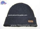 Custom Acrylic Knitted Beanie Hats / Knit Beanie With Leather Patch Logo On Front Panel