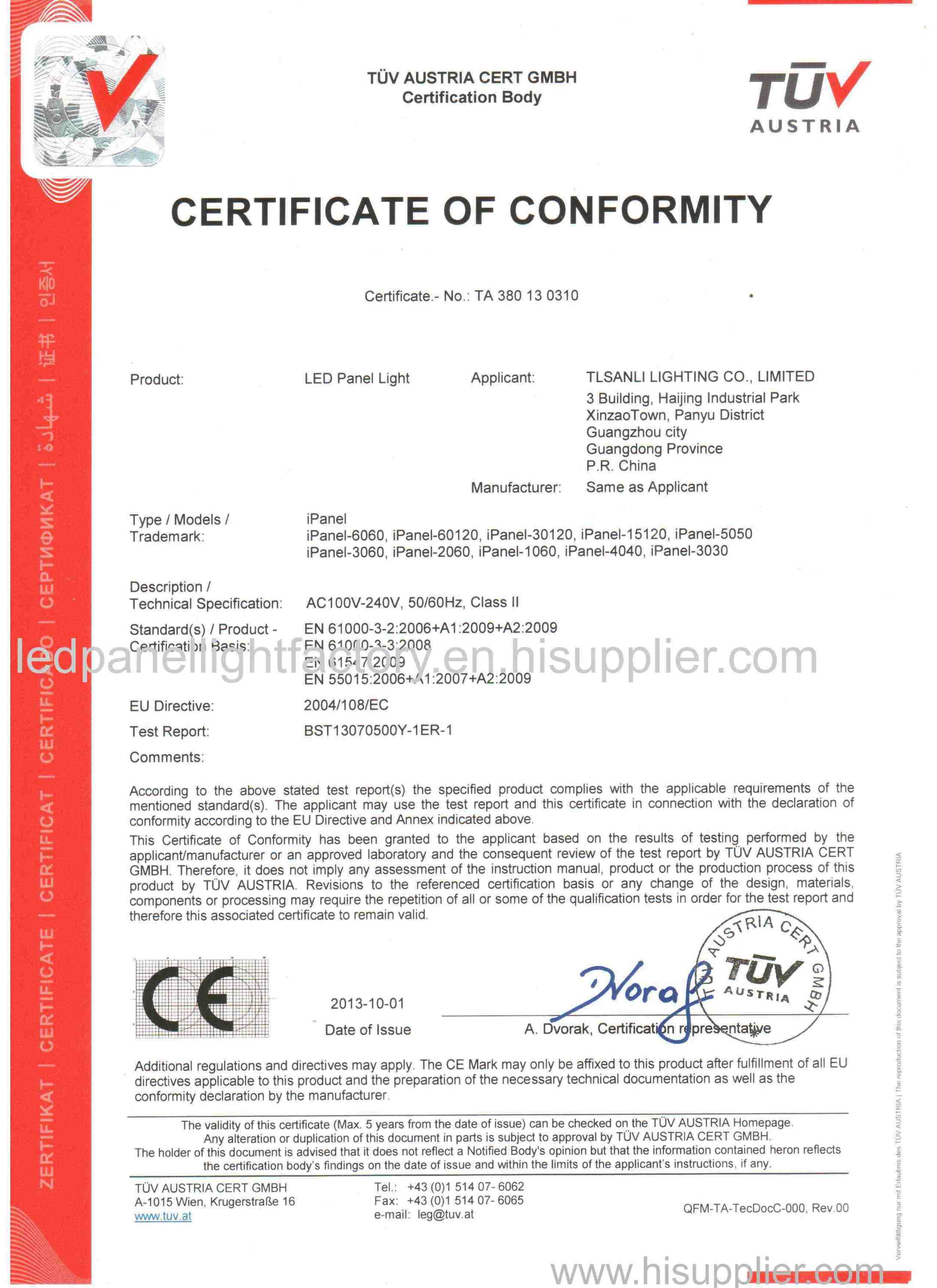 TUV certification for Led Panel Light