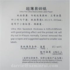 Minrui thinnest destructive label papers very thin 40-50 micron ultra destructible label paper materials.