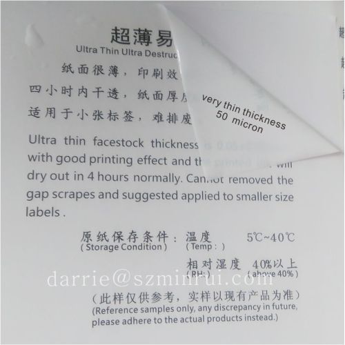 self Adhesive vinyl destructible sticker papers for Eggshell sticker .very thin and very hard to remove