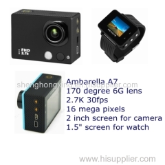 Ambarella A7 16 mega pixels 2" screen 2.7K video camera with 1.5" screen watch remote