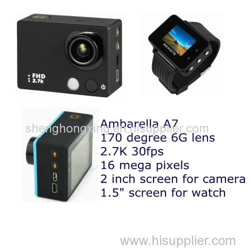 Ambarella A7 16 mega pixels 2" screen 2.7K video camera with 1.5" screen watch remote