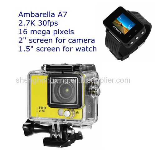 Ambarella A7 16MP 2" screen 2.7K mini camera portable with 1.5" screen wrist remote controller