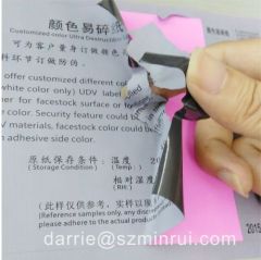 Customized color ultral destructible self adhesive label paper for Eggshell stickers .security destructive labels