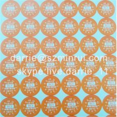 professional custom various sizes of round tamper evident warranty label.with destructible vinyl eggshall paper