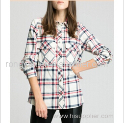 Women's 2 pockets with flap plaid flannel shirt