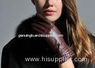Brown Women Warm Winter Genuine Leather Gloves With Leather Silk Cuff Elastic Wrist