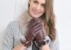 Brown / Black Sheep Lamb Leather Winter Fur Gloves With Mix Color Rabbit Fur Cuff