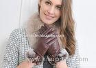 Brown / Black Sheep Lamb Leather Winter Fur Gloves With Mix Color Rabbit Fur Cuff