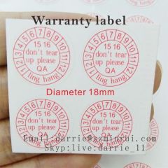 Custom Red round QA Tamper Evident material diameter of 18mm warranty sticker.Do not tear up please