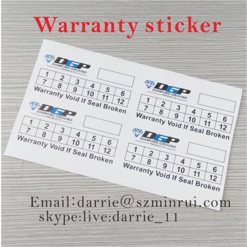 Custom 2.5x5centimeter stickers printed black and green on white eggshell vinyl of the free design warranty sticker