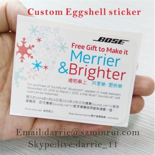 Design and printing color advertising 6X8cm Destructible Eggshell sticker for free