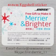 Design and printing color advertising 6X8cm Destructible Eggshell sticker for free