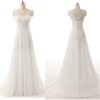 ALBIZIA Ivory Beading V-neck Applique A-line Lace Chiffon Long Beach Wedding Dresses