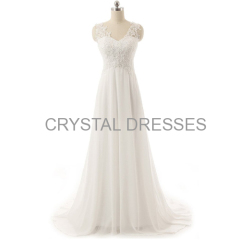 ALBIZIA Ivory Beading V-neck Applique A-line Lace Chiffon Long Beach Wedding Dresses