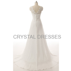 ALBIZIA Ivory Beading V-neck Applique A-line Lace Chiffon Long Beach Wedding Dresses