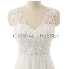 ALBIZIA Ivory Beading V-neck Applique A-line Lace Chiffon Long Beach Wedding Dresses