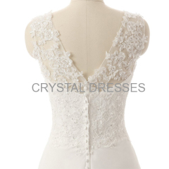 ALBIZIA Ivory Beading V-neck Applique A-line Lace Chiffon Long Beach Wedding Dresses