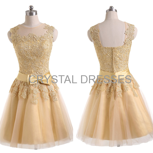 ALBIZIA Gold Lace Short Tulle Bridal Cocktail Dresses for Bride