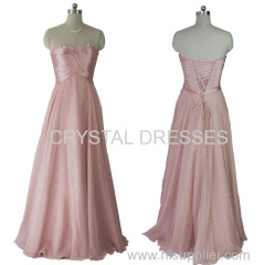 ALBIZIA Beading Pink Strapless Long Chiffon Party Evening Prom Dresses