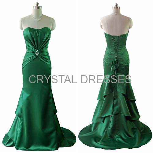 ALBIZIA Green Layered Floor Length Satin Mermaid Evening Dress