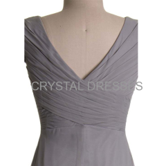 ALBIZIA Gorgeous Silver V-neck Chiffon Long cheap Bridesmaid Dresses Chiffon Prom Dresses