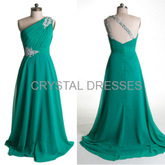 ALBIZIA Teal One Shoulder Crystals A-Line Beaded Long Chiffon Prom Dress