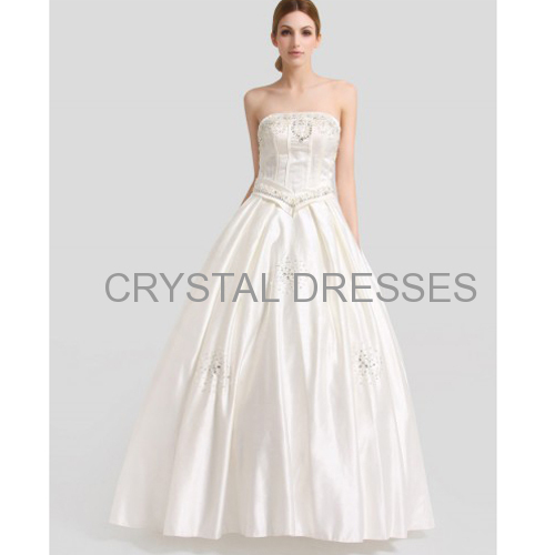 ALBIZIA Beading Ivory Strapless Crystal A-line Satin Long Wedding Dresses