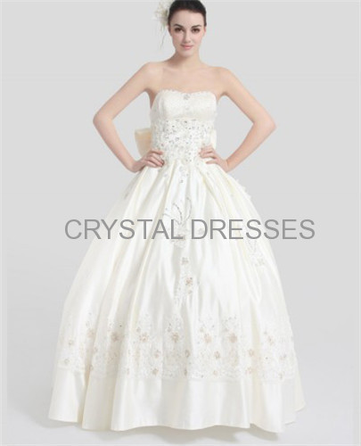 ALBIZIA Retro Beading Ivory Satin Sweetheart Strapless Floor Length Appliques Wedding Dresses