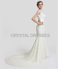 ALBIZIA Fashion Ivory High-neck Appliques Lace Long Bridal Party Dresses Mermaid Sweep Brush wedding Dresses