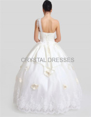 ALBIZIA Ivory Organza One Shoulder Floor Length Appliques Ball Gown Lace-up Wedding Dresses