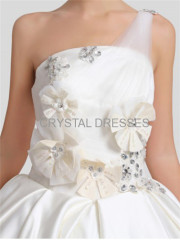 ALBIZIA Ivory Organza One Shoulder Floor Length Appliques Ball Gown Lace-up Wedding Dresses