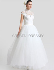 Albizia women's high collar appliques sash tulle long wedding dresses gown