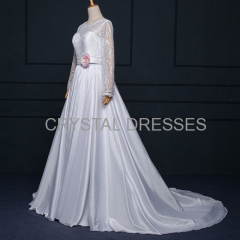 ALBIZIA Vintage White Scoop Lace Satin A Line Wedding Dresses with Handmade Flower